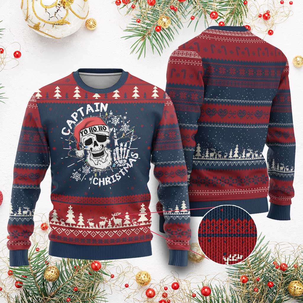 Pirate Xmas Ugly Christmas Sweater Skull Skeleton Lights Pirates Caribbean Cruise TS10 Burgundy Print Your Wear