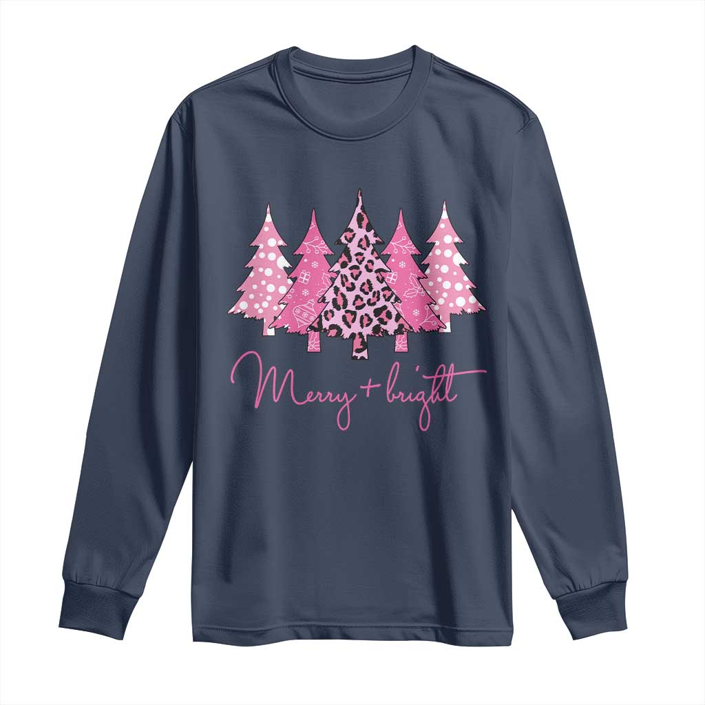 Pink Christmas Long Sleeve Shirt Leopard Print Trees TS10 Navy Print Your Wear