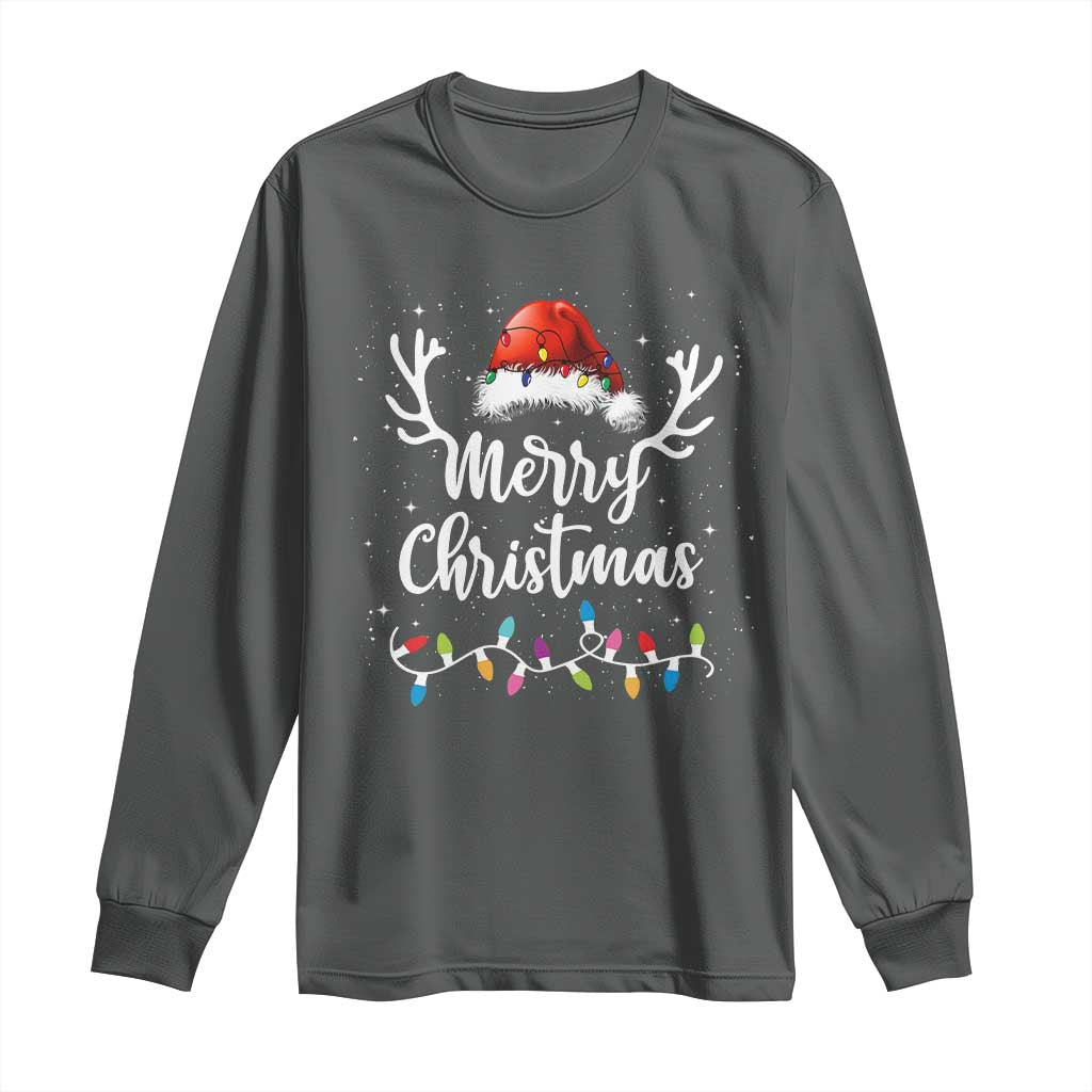 Merry Christmas Long Sleeve Shirt Lights Red Santa Hat Xmas Family Matching TS10 Dark Heather Print Your Wear