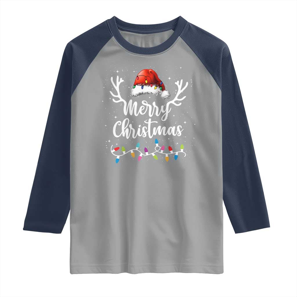 Merry Christmas Raglan Shirt Lights Red Santa Hat Xmas Family Matching TS10 Sport Gray Navy Print Your Wear