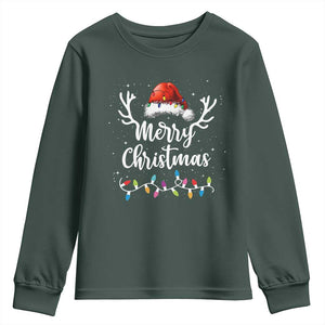 Merry Christmas Youth Sweatshirt Lights Red Santa Hat Xmas Family Matching TS10 Dark Forest Green Print Your Wear