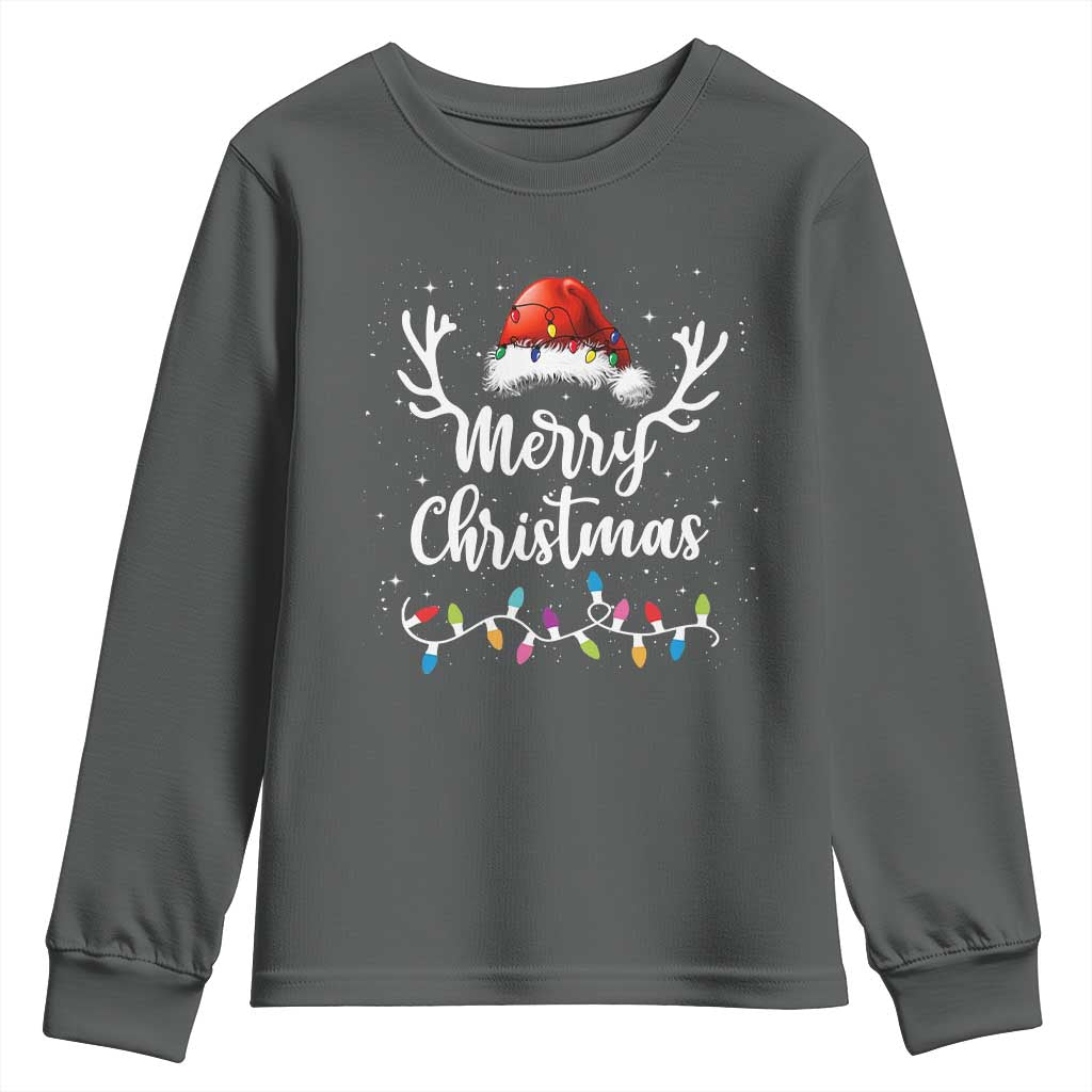 Merry Christmas Youth Sweatshirt Lights Red Santa Hat Xmas Family Matching TS10 Dark Heather Print Your Wear