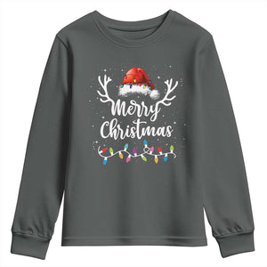 Merry Christmas Youth Sweatshirt Lights Red Santa Hat Xmas Family Matching TS10 Dark Heather Print Your Wear
