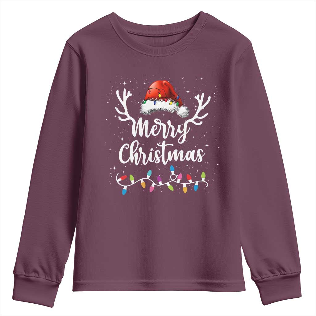 Merry Christmas Youth Sweatshirt Lights Red Santa Hat Xmas Family Matching TS10 Maroon Print Your Wear