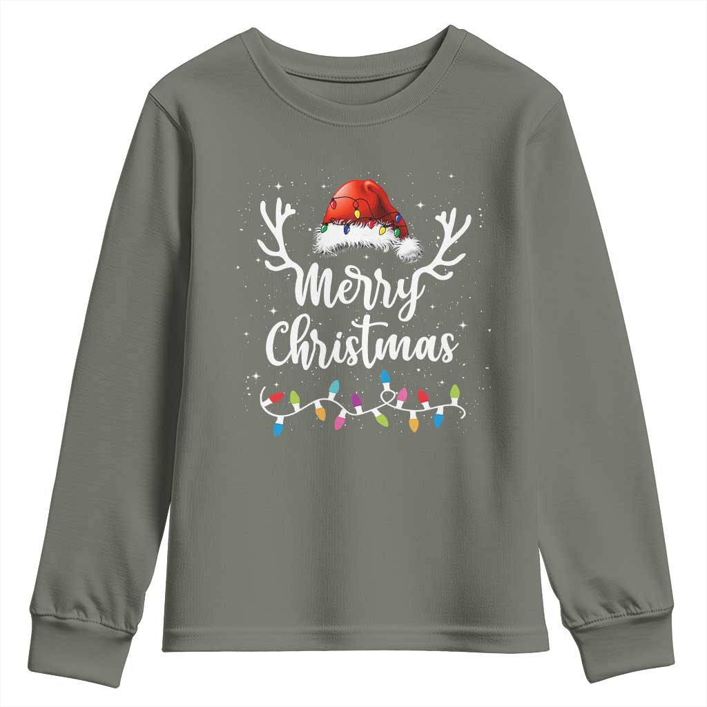 Merry Christmas Youth Sweatshirt Lights Red Santa Hat Xmas Family Matching TS10 Military Green Print Your Wear