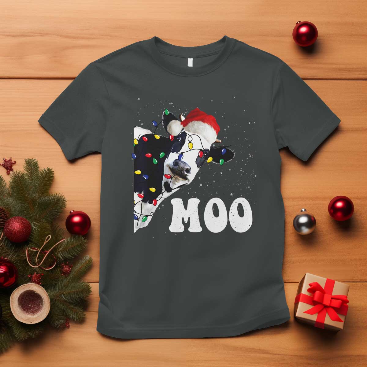 Christmas Cow T Shirt Funny Cow Lover Xmas Gift Farm TS10 Dark Heather Print Your Wear