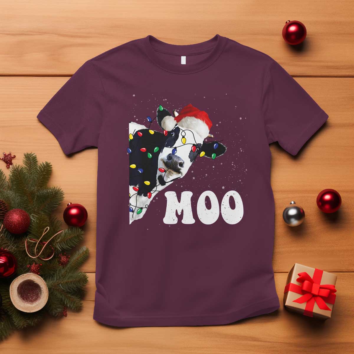 Christmas Cow T Shirt Funny Cow Lover Xmas Gift Farm TS10 Maroon Print Your Wear