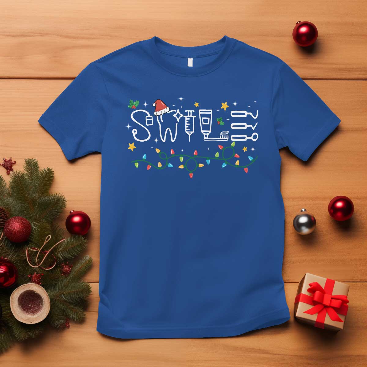 Christmas Dental T Shirt Red Santa Hat Teeth Funny Dentist Merry Xmas Lights TS10 Royal Blue Print Your Wear