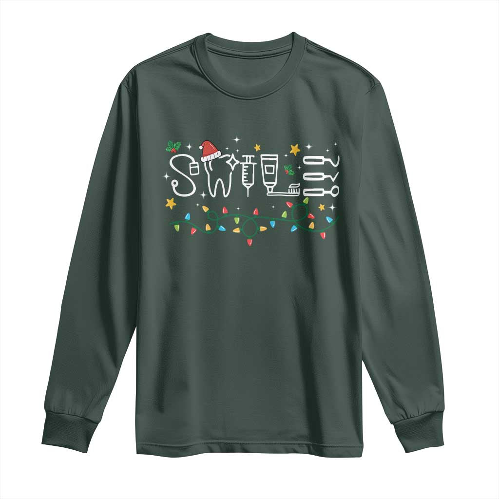 Christmas Dental Long Sleeve Shirt Red Santa Hat Teeth Funny Dentist Merry Xmas Lights TS10 Dark Forest Green Print Your Wear