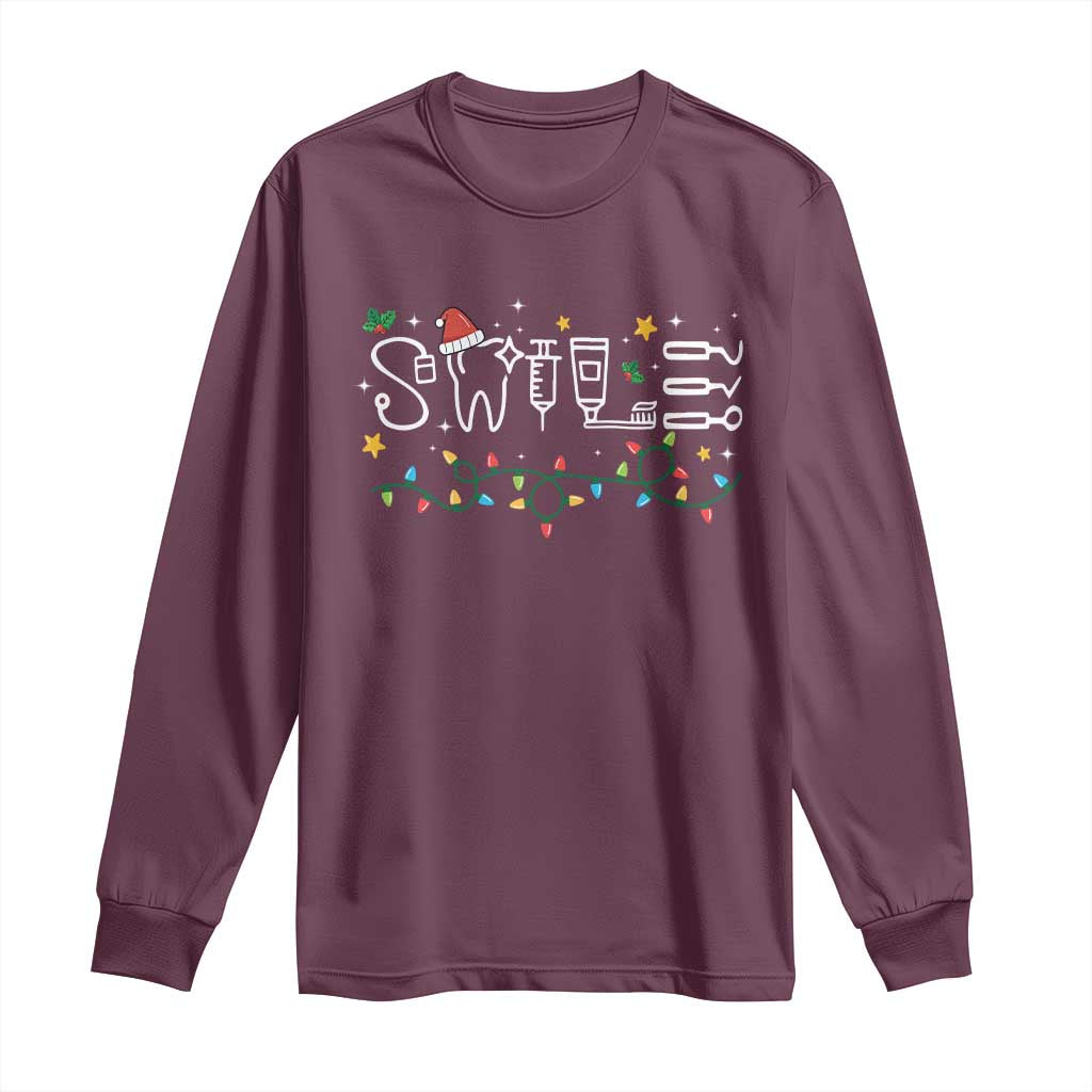 Christmas Dental Long Sleeve Shirt Red Santa Hat Teeth Funny Dentist Merry Xmas Lights TS10 Maroon Print Your Wear