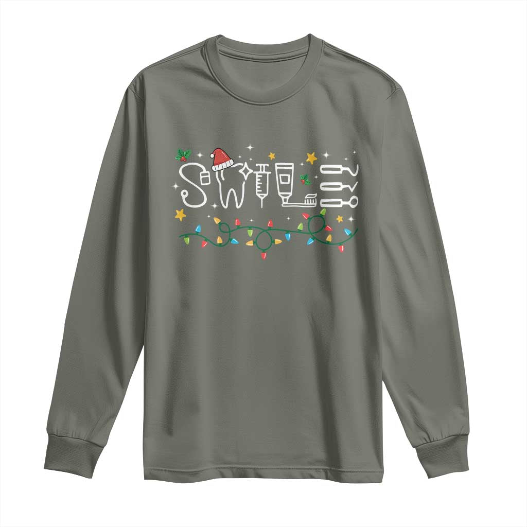 Christmas Dental Long Sleeve Shirt Red Santa Hat Teeth Funny Dentist Merry Xmas Lights TS10 Military Green Print Your Wear