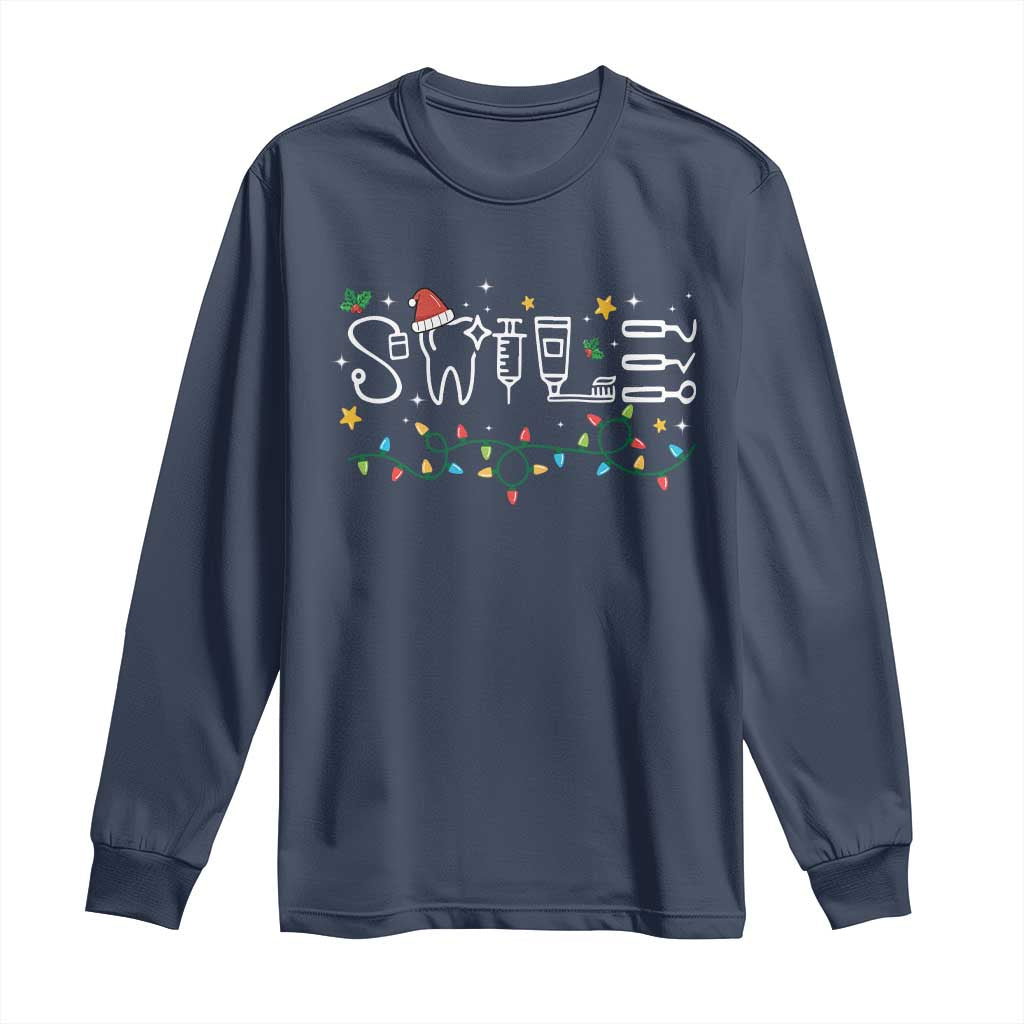 Christmas Dental Long Sleeve Shirt Red Santa Hat Teeth Funny Dentist Merry Xmas Lights TS10 Navy Print Your Wear