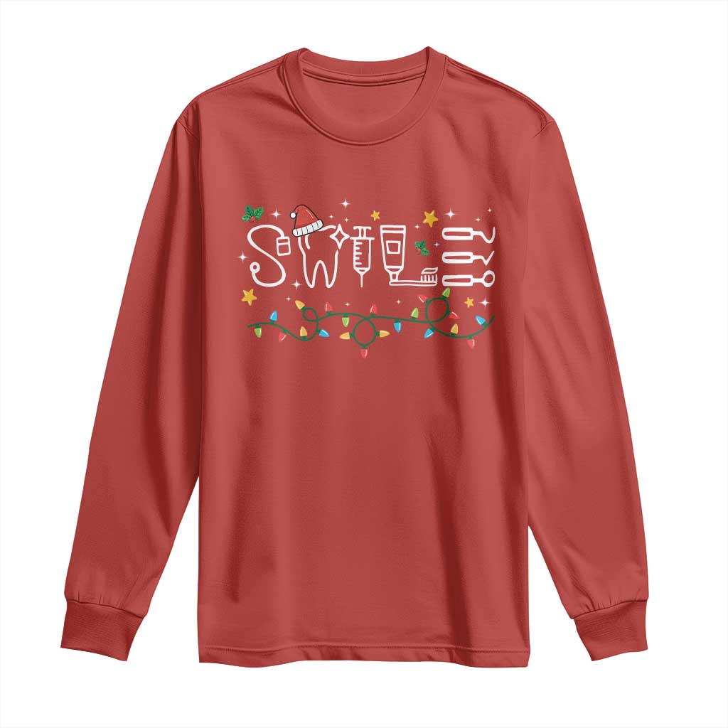 Christmas Dental Long Sleeve Shirt Red Santa Hat Teeth Funny Dentist Merry Xmas Lights TS10 Red Print Your Wear