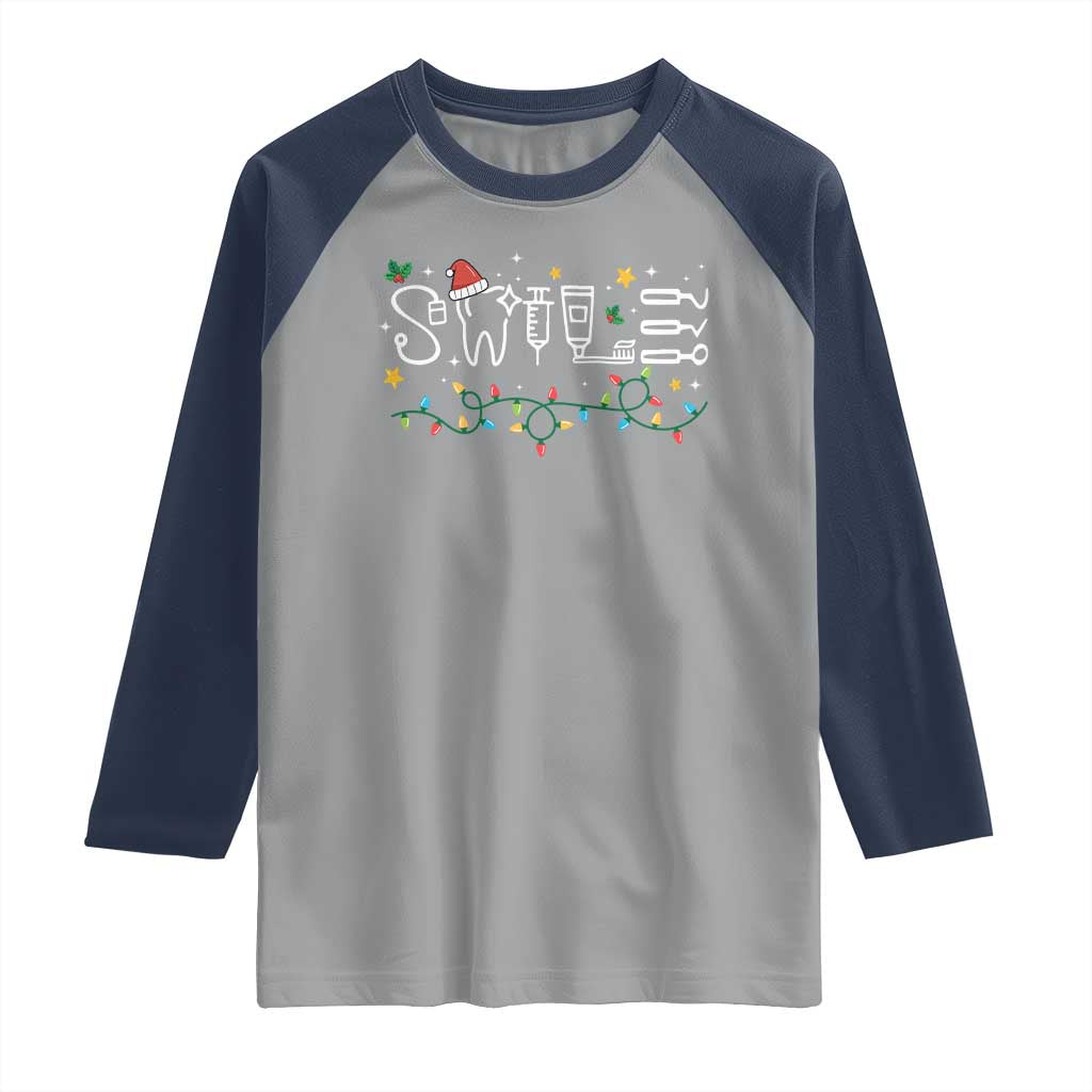Christmas Dental Raglan Shirt Red Santa Hat Teeth Funny Dentist Merry Xmas Lights TS10 Sport Gray Navy Print Your Wear