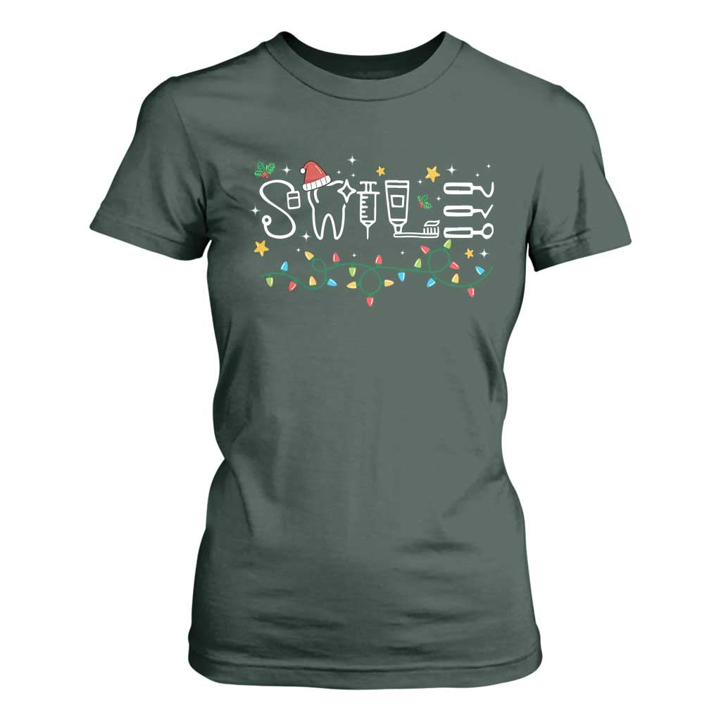 Christmas Dental T Shirt For Women Red Santa Hat Teeth Funny Dentist Merry Xmas Lights TS10 Dark Forest Green Print Your Wear