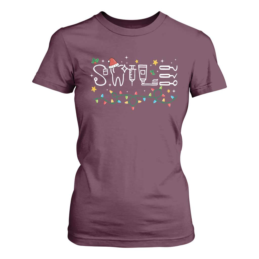 Christmas Dental T Shirt For Women Red Santa Hat Teeth Funny Dentist Merry Xmas Lights TS10 Maroon Print Your Wear