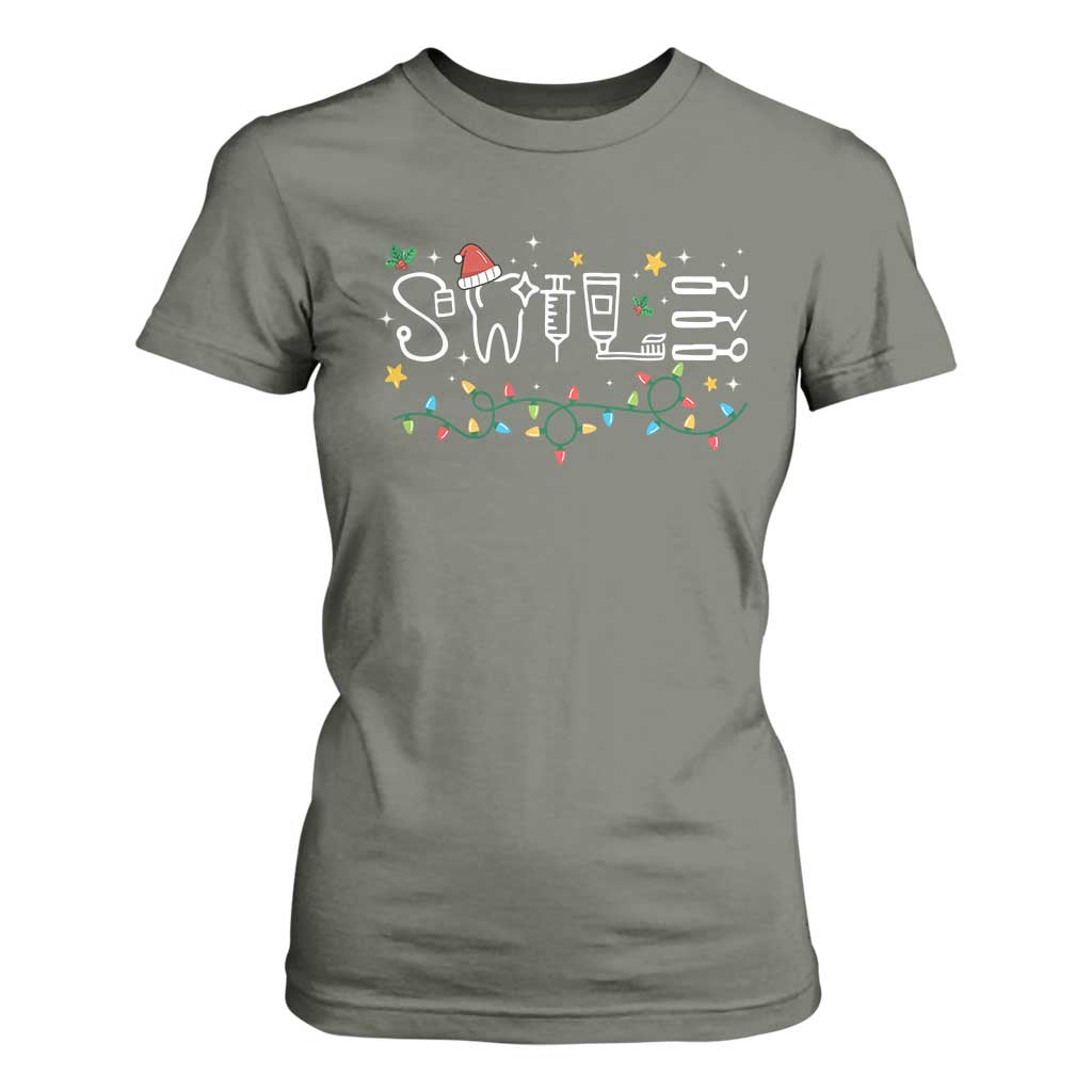 Christmas Dental T Shirt For Women Red Santa Hat Teeth Funny Dentist Merry Xmas Lights TS10 Military Green Print Your Wear