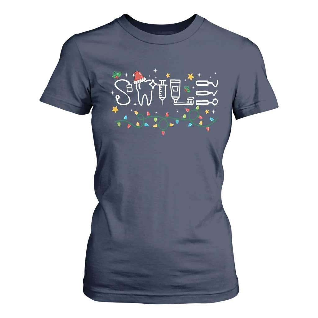 Christmas Dental T Shirt For Women Red Santa Hat Teeth Funny Dentist Merry Xmas Lights TS10 Navy Print Your Wear