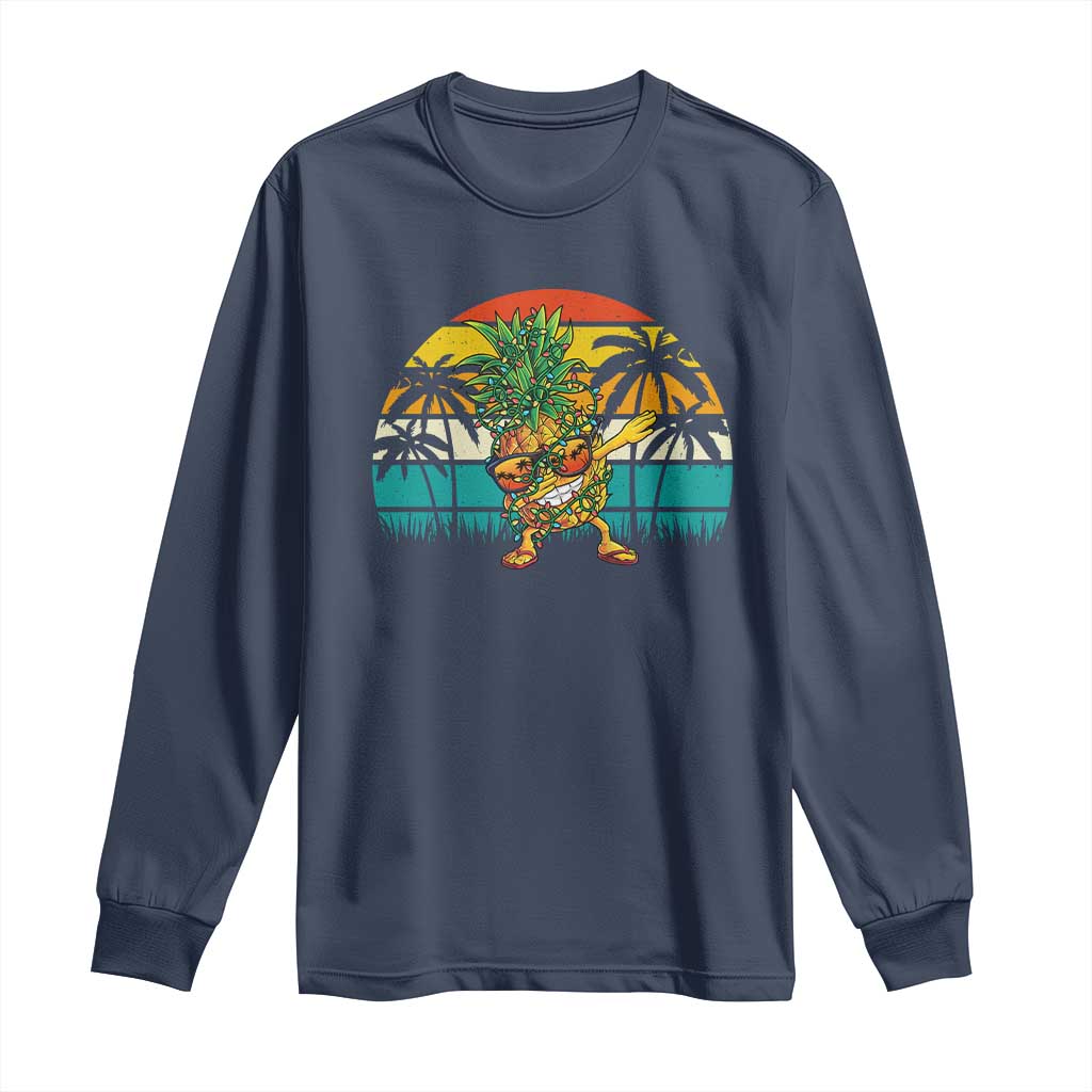 Dabbing Pineapple Christmas Tree Lights Long Sleeve Shirt Hawaiian Hawaii Tropical Xmas Men Gifts Sunglasses On TS10 Navy Print Your Wear