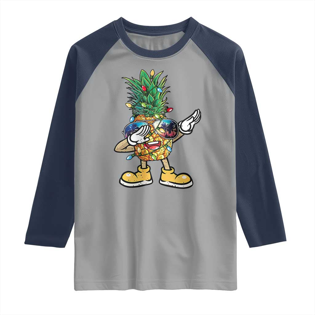 Dabbing Pineapple Hawaii Christmas Tree Lights Xmas Sunglasses Raglan Shirt Tropical Holiday Beach TS10 Sport Gray Navy Print Your Wear