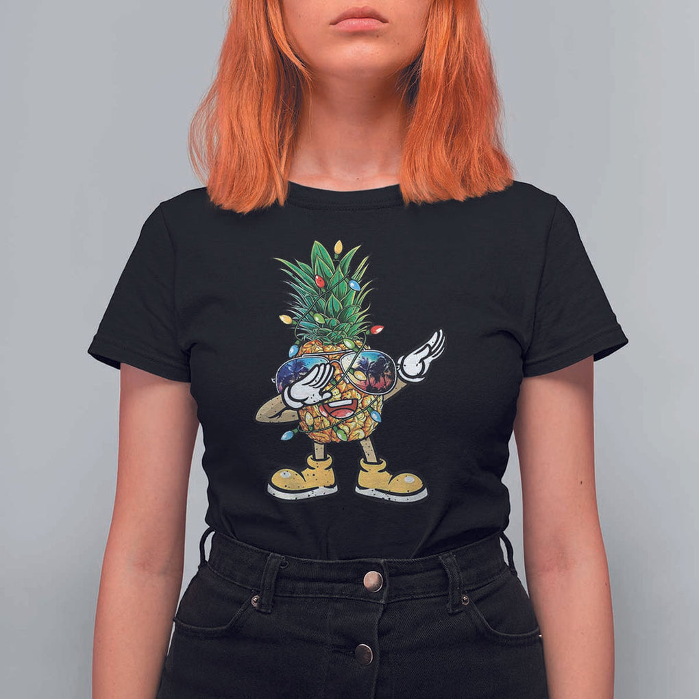 Dabbing Pineapple Hawaii Christmas Tree Lights Xmas Sunglasses T Shirt For Women Tropical Holiday Beach TS10 Black Print Your Wear