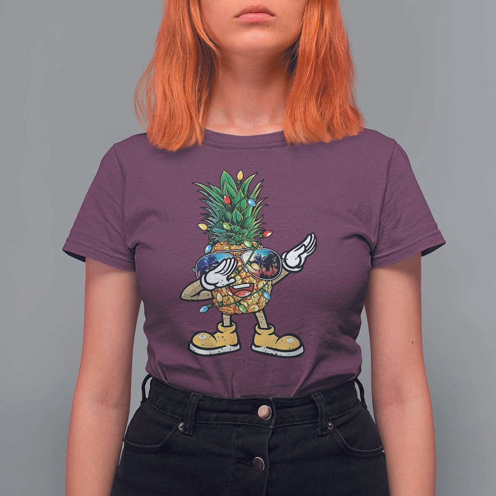 Dabbing Pineapple Hawaii Christmas Tree Lights Xmas Sunglasses T Shirt For Women Tropical Holiday Beach TS10 Maroon Print Your Wear