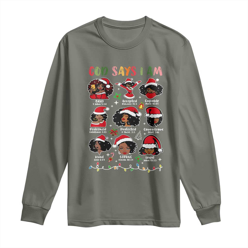 Christian Christmas Long Sleeve Shirt God Says I Am African American Women Scriptures Affirmations TS10 Military Green Print Your Wear