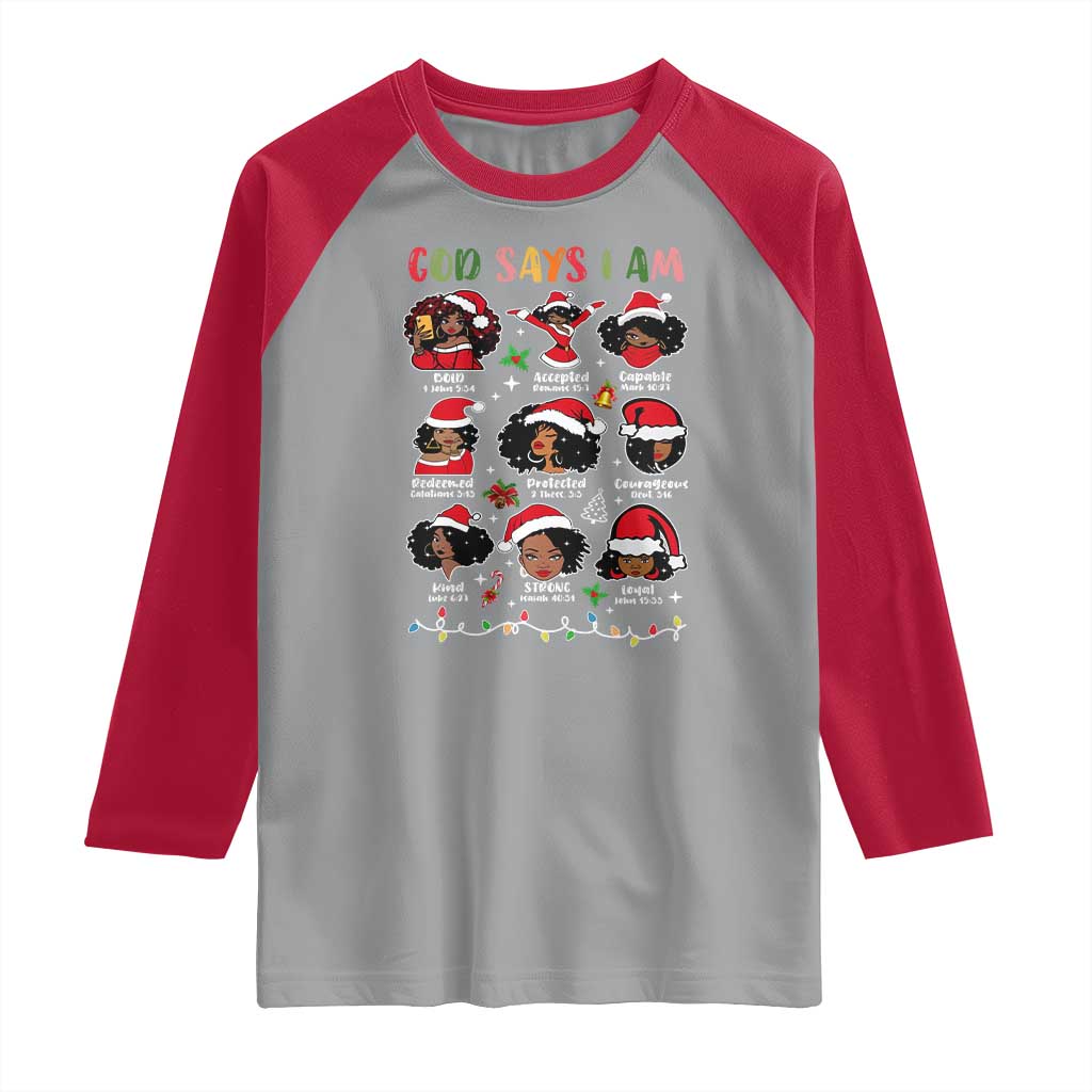 Christian Christmas Raglan Shirt God Says I Am African American Women Scriptures Affirmations TS10 Sport Gray Red Print Your Wear
