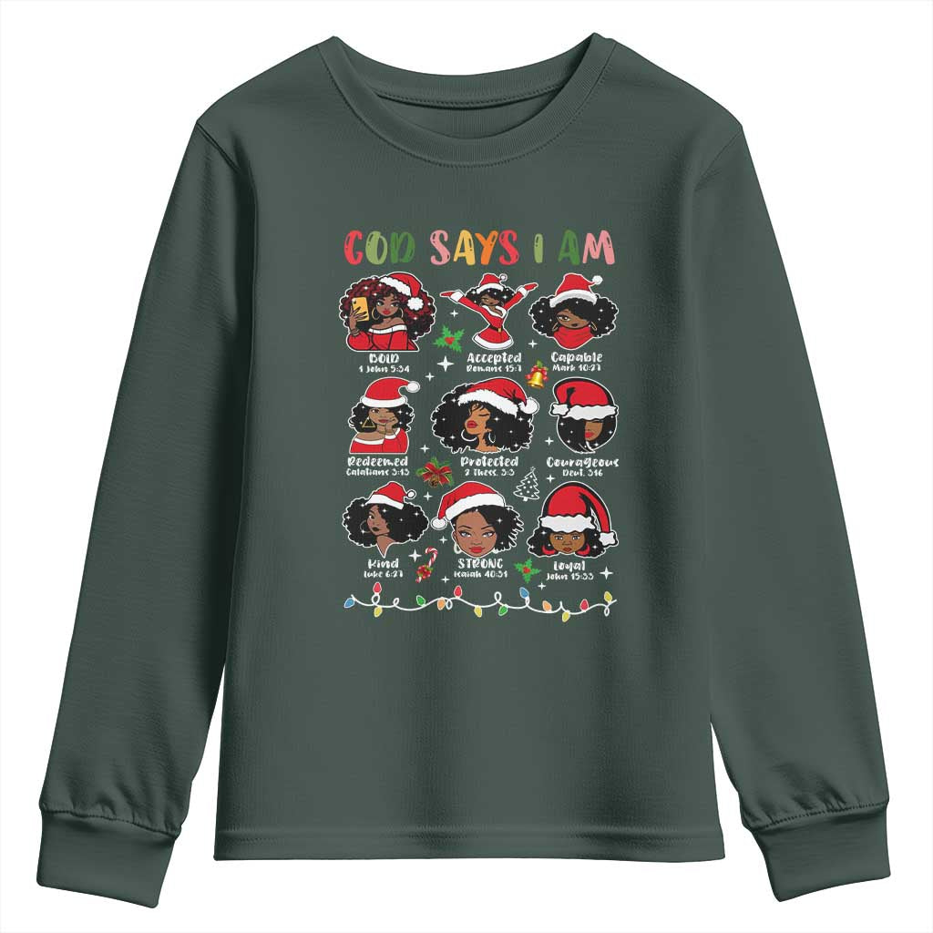 Christian Christmas Youth Sweatshirt God Says I Am African American Women Scriptures Affirmations TS10 Dark Forest Green Print Your Wear