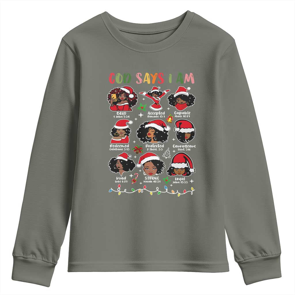 Christian Christmas Youth Sweatshirt God Says I Am African American Women Scriptures Affirmations TS10 Military Green Print Your Wear