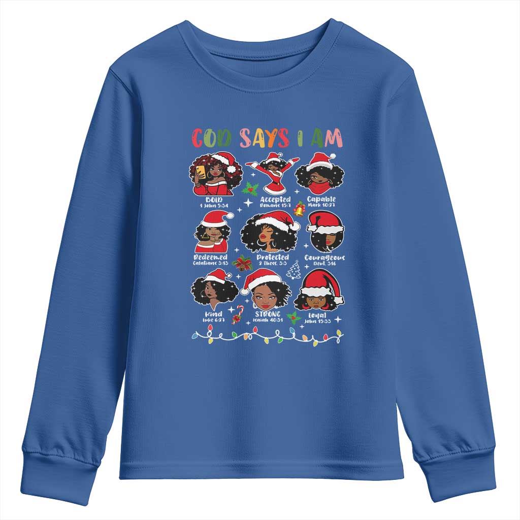 Christian Christmas Youth Sweatshirt God Says I Am African American Women Scriptures Affirmations TS10 Royal Blue Print Your Wear