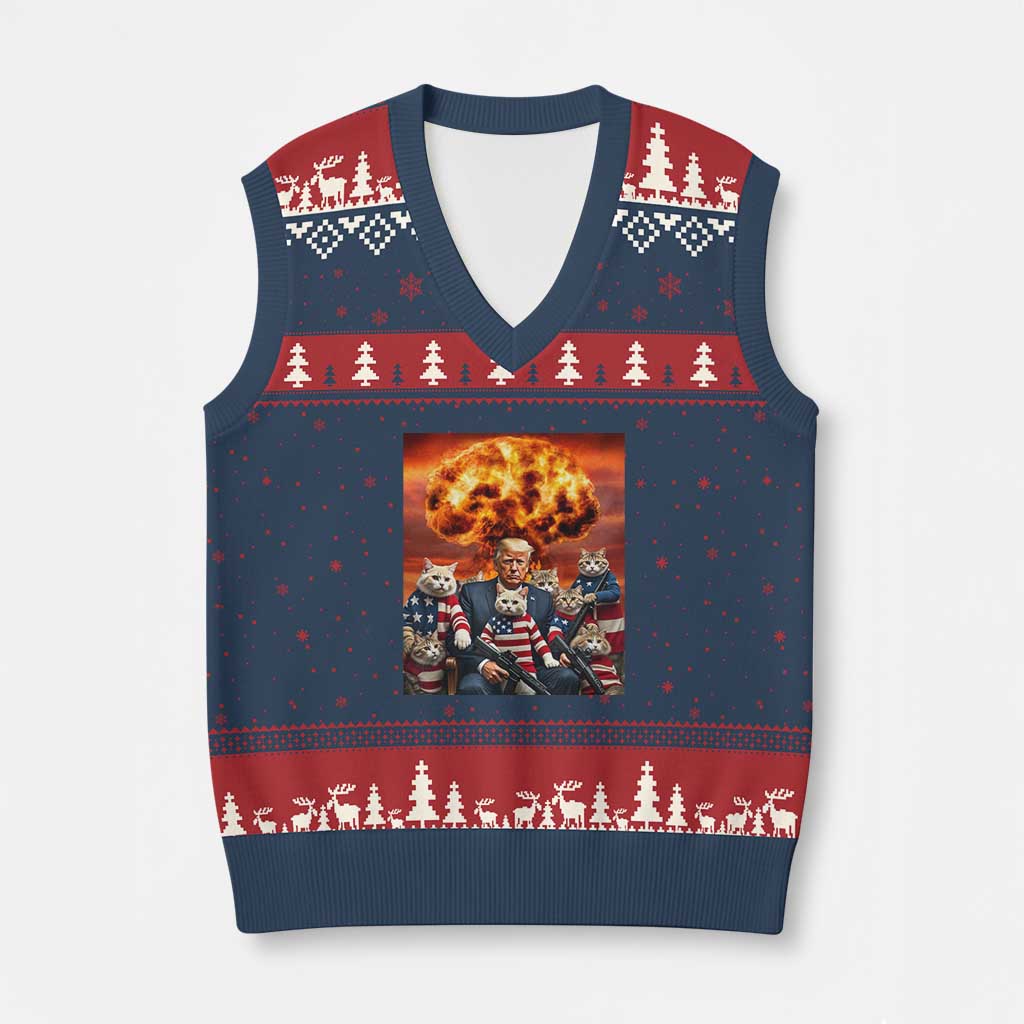Trump Cat V-Neck Knit Sweater Vest Funny Pro America Meme Gift For Cat Lovers TS10 Navy Red Print Your Wear