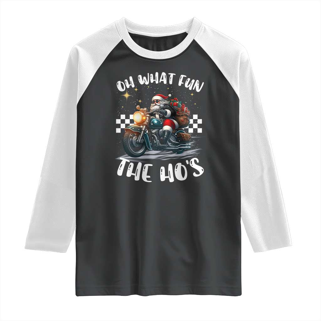 Biker Grandpa Santa on Motorcycle Christmas Raglan Shirt Funny Oh What Fun It Is To Ride TS10 Black White Print Your Wear