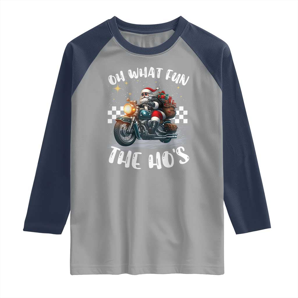Biker Grandpa Santa on Motorcycle Christmas Raglan Shirt Funny Oh What Fun It Is To Ride TS10 Sport Gray Navy Print Your Wear