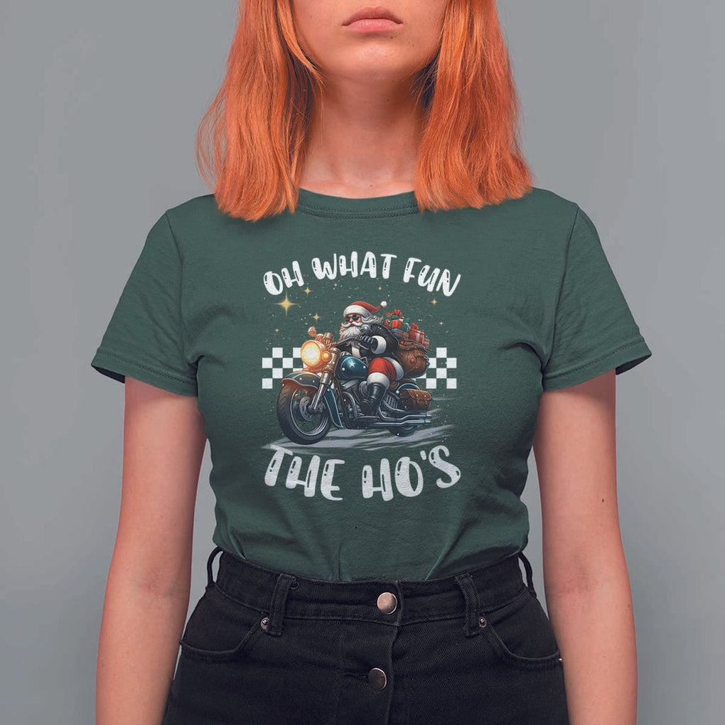 Biker Grandpa Santa on Motorcycle Christmas T Shirt For Women Funny Oh What Fun It Is To Ride TS10 Dark Forest Green Print Your Wear