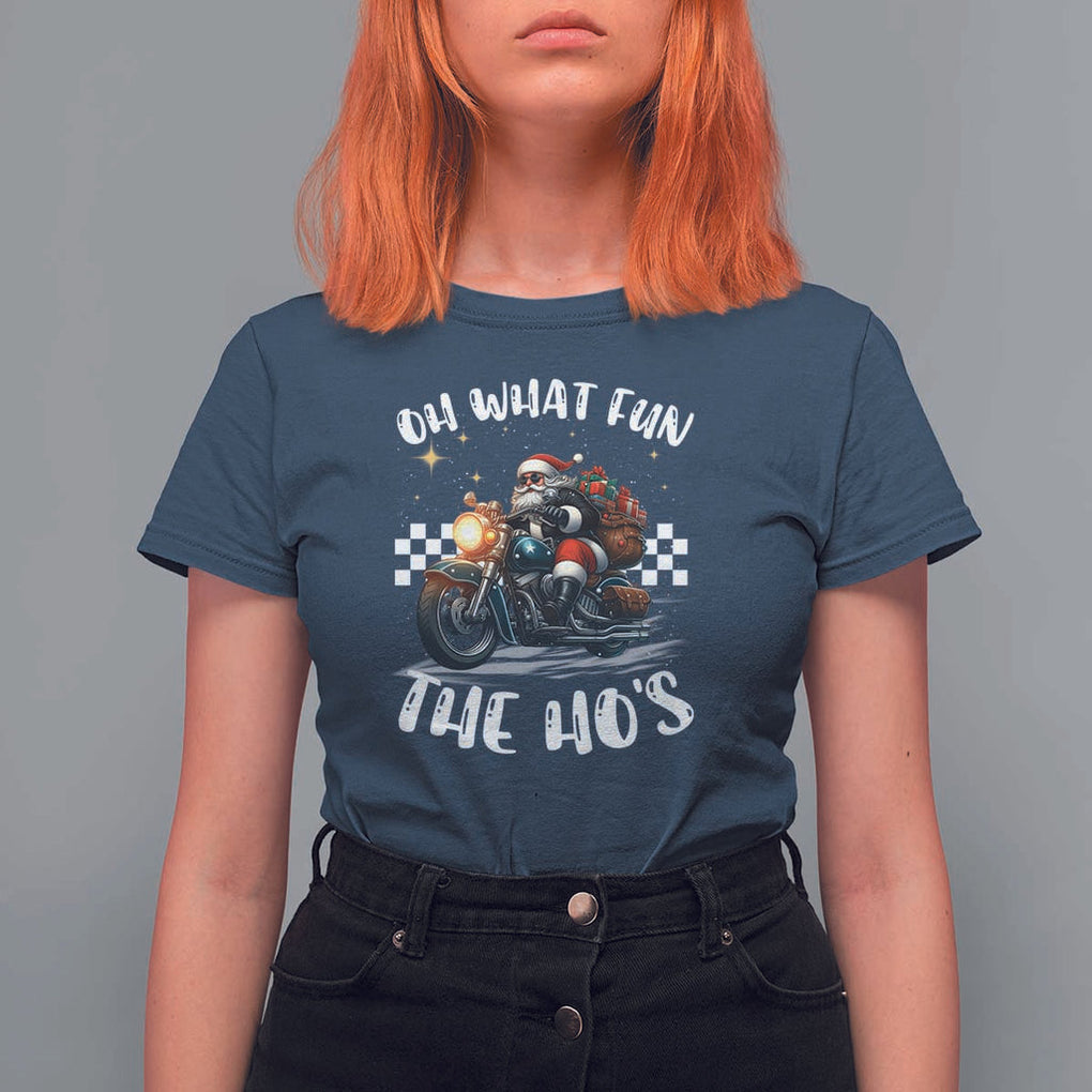 Biker Grandpa Santa on Motorcycle Christmas T Shirt For Women Funny Oh What Fun It Is To Ride TS10 Navy Print Your Wear