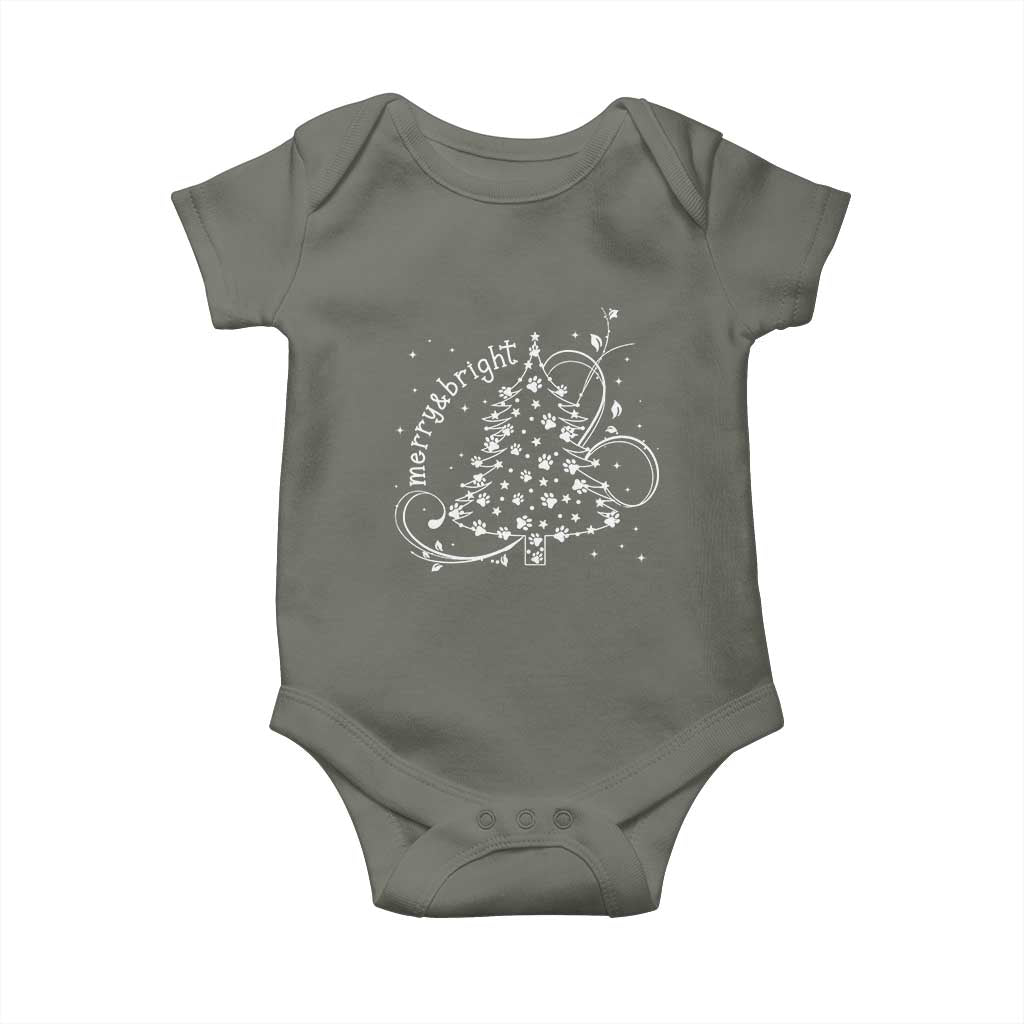 Christmas Dog Baby Onesie Merry & Bright Cute Xmas Tree with Paws Gift for Dog Lover TS10 Military Green Print Your Wear