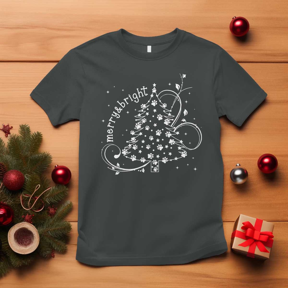 Christmas Dog T Shirt Merry & Bright Cute Xmas Tree with Paws Gift for Dog Lover TS10 Dark Heather Print Your Wear