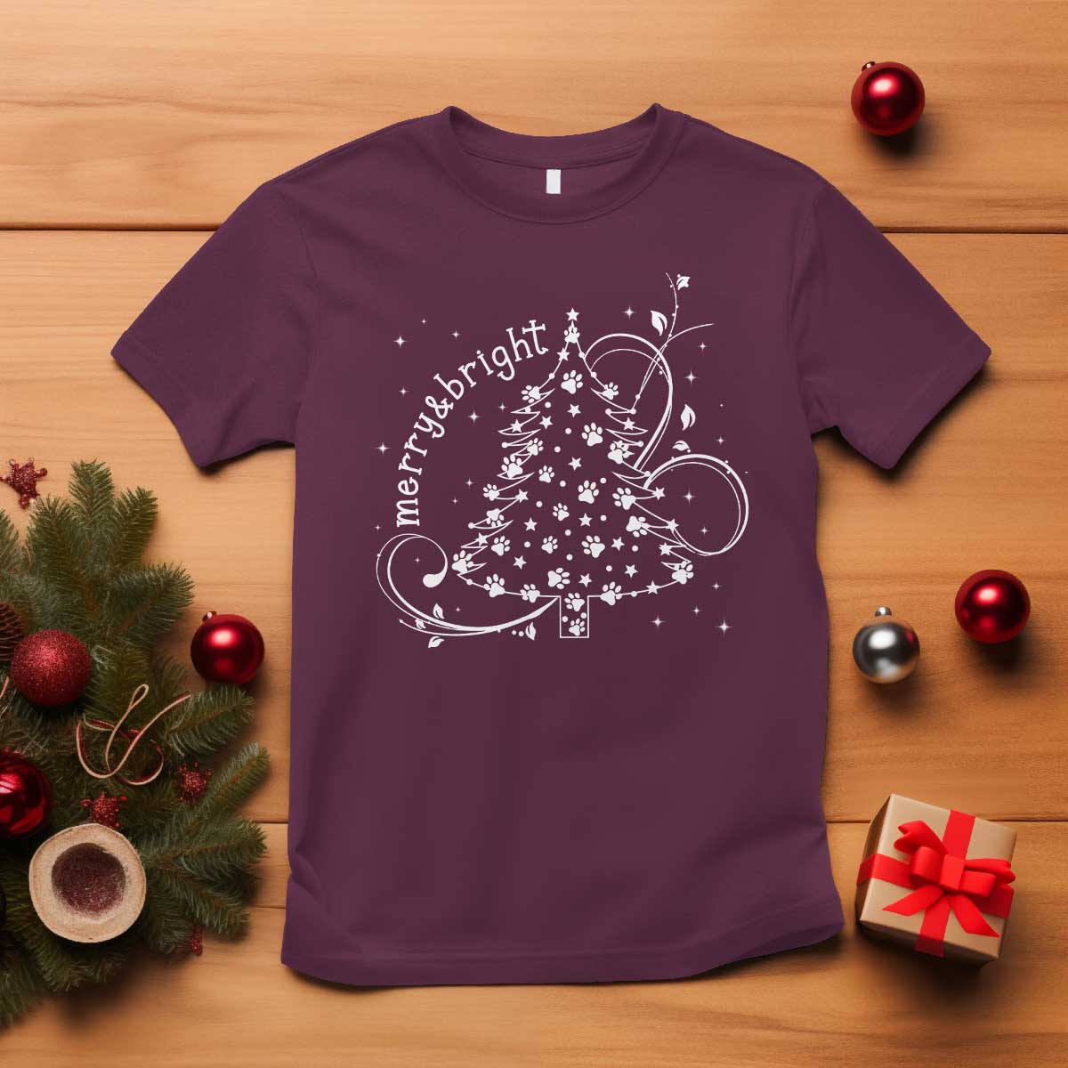 Christmas Dog T Shirt Merry & Bright Cute Xmas Tree with Paws Gift for Dog Lover TS10 Maroon Print Your Wear