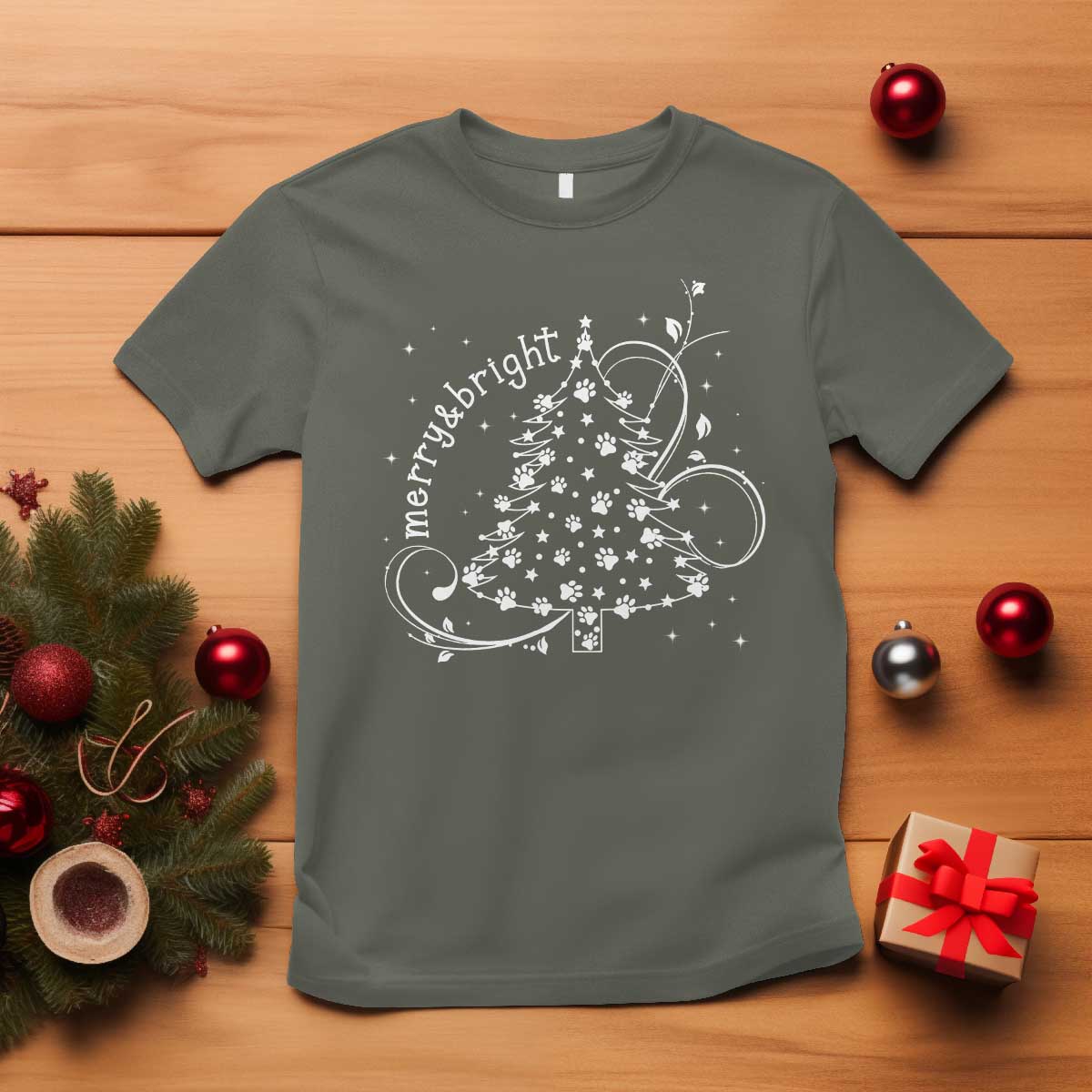 Christmas Dog T Shirt Merry & Bright Cute Xmas Tree with Paws Gift for Dog Lover TS10 Military Green Print Your Wear