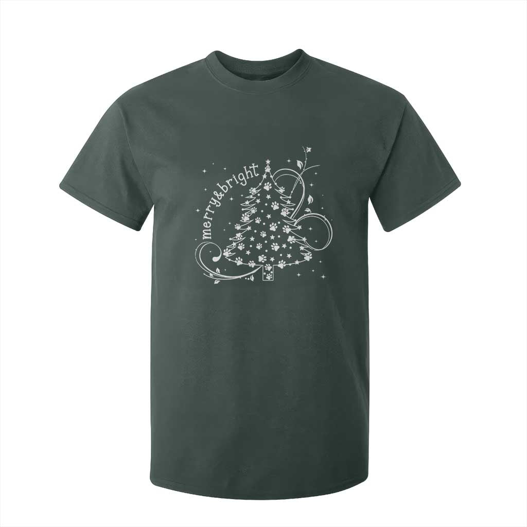 Christmas Dog T Shirt For Kid Merry & Bright Cute Xmas Tree with Paws Gift for Dog Lover TS10 Dark Forest Green Print Your Wear