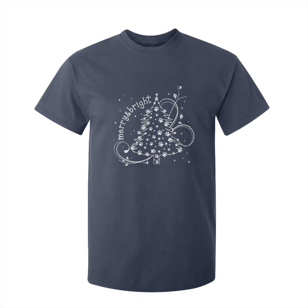 Christmas Dog T Shirt For Kid Merry & Bright Cute Xmas Tree with Paws Gift for Dog Lover TS10 Navy Print Your Wear