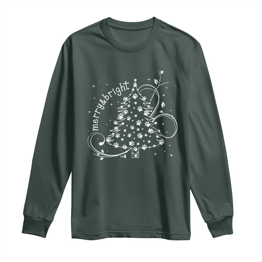 Christmas Dog Long Sleeve Shirt Merry & Bright Cute Xmas Tree with Paws Gift for Dog Lover TS10 Dark Forest Green Print Your Wear