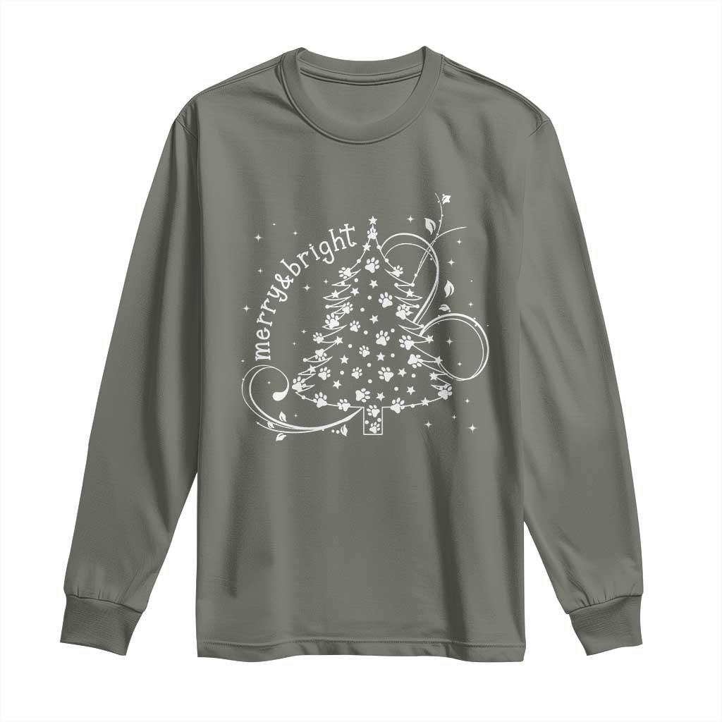 Christmas Dog Long Sleeve Shirt Merry & Bright Cute Xmas Tree with Paws Gift for Dog Lover TS10 Military Green Print Your Wear