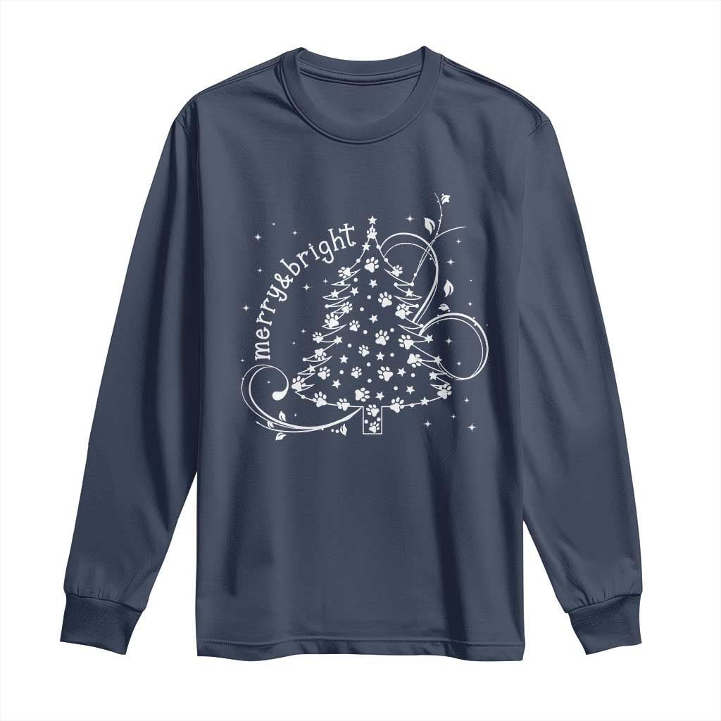 Christmas Dog Long Sleeve Shirt Merry & Bright Cute Xmas Tree with Paws Gift for Dog Lover TS10 Navy Print Your Wear
