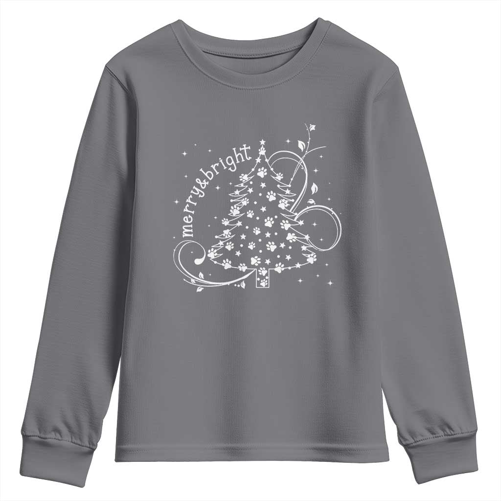 Christmas Dog Youth Sweatshirt Merry & Bright Cute Xmas Tree with Paws Gift for Dog Lover TS10 Charcoal Print Your Wear