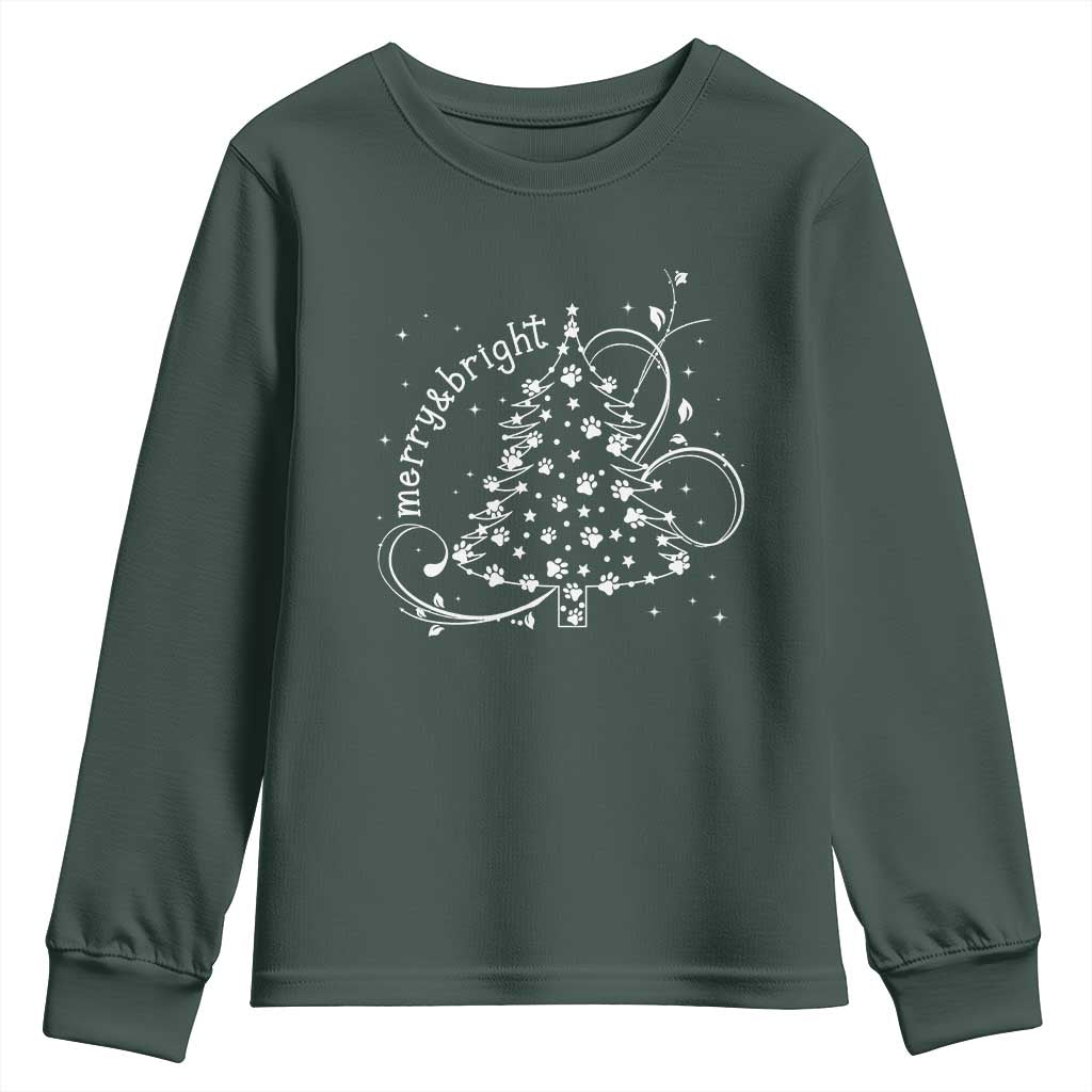 Christmas Dog Youth Sweatshirt Merry & Bright Cute Xmas Tree with Paws Gift for Dog Lover TS10 Dark Forest Green Print Your Wear