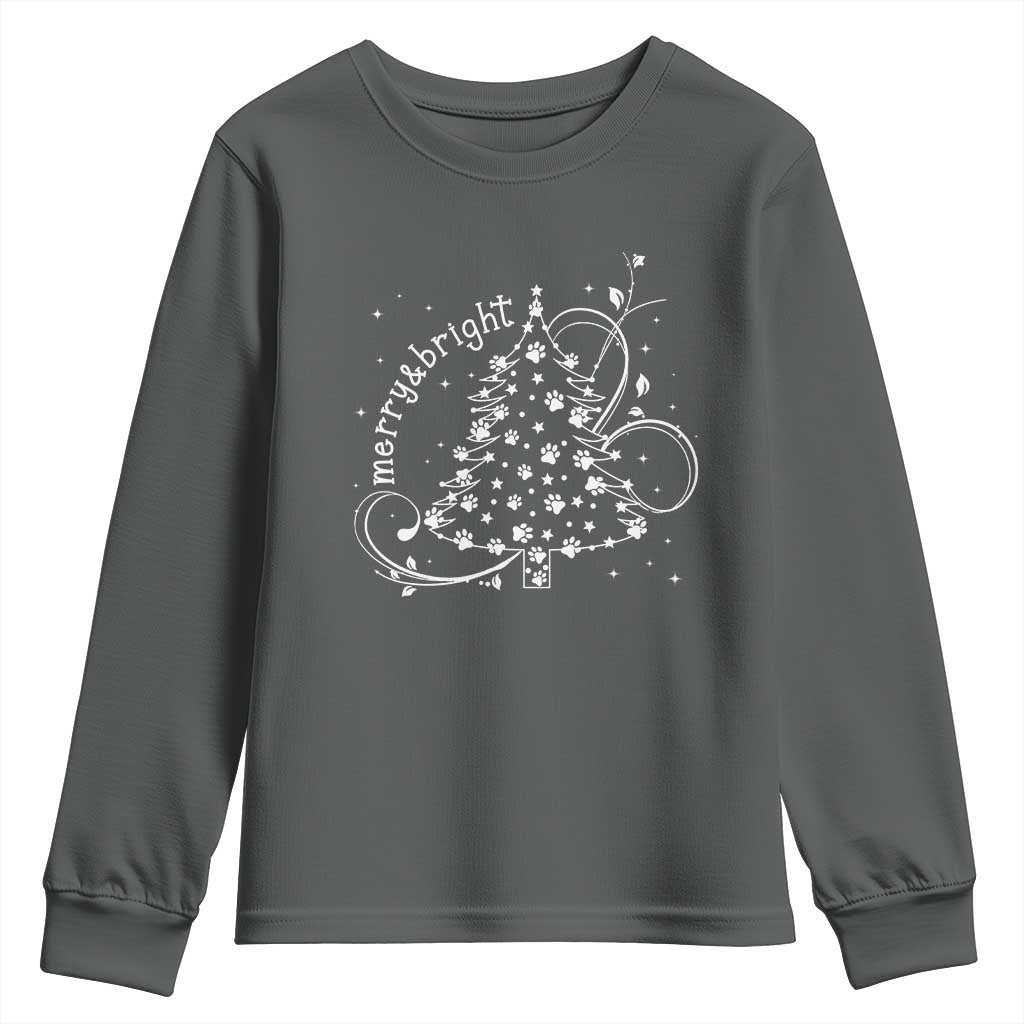 Christmas Dog Youth Sweatshirt Merry & Bright Cute Xmas Tree with Paws Gift for Dog Lover TS10 Dark Heather Print Your Wear