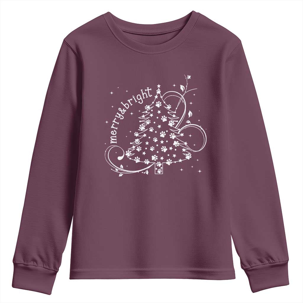 Christmas Dog Youth Sweatshirt Merry & Bright Cute Xmas Tree with Paws Gift for Dog Lover TS10 Maroon Print Your Wear