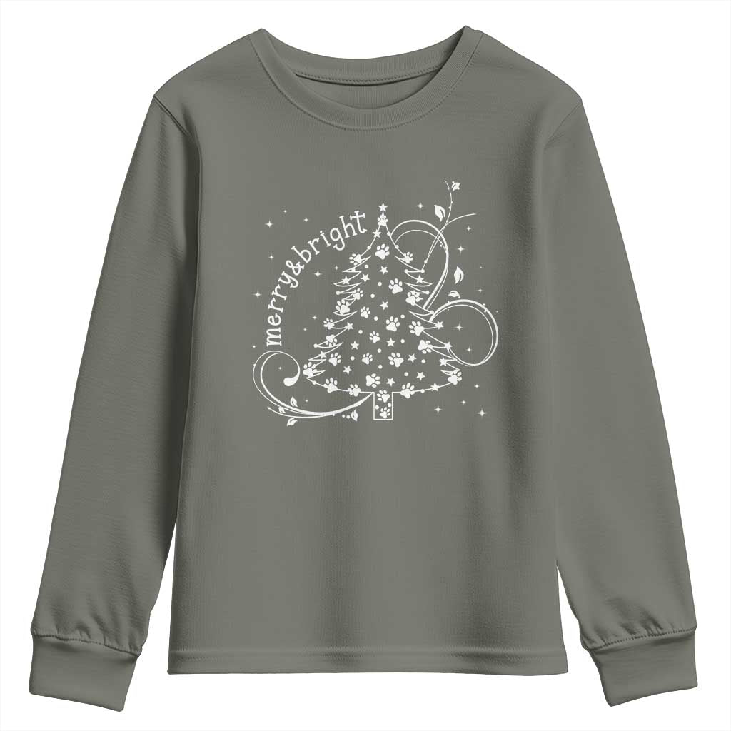Christmas Dog Youth Sweatshirt Merry & Bright Cute Xmas Tree with Paws Gift for Dog Lover TS10 Military Green Print Your Wear